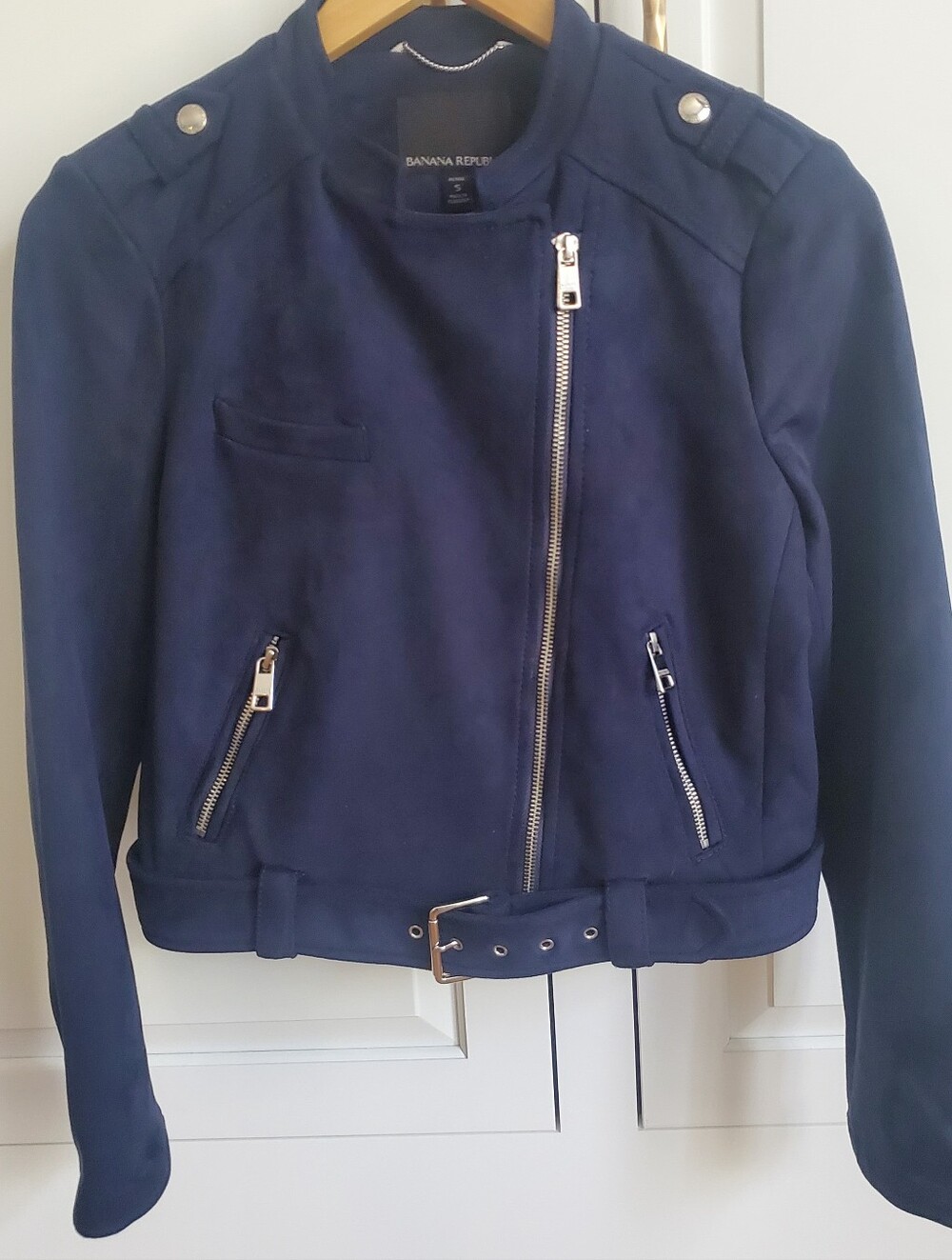 Banana Republic Navy Faux Suede Zip Moto Jacket with Belt